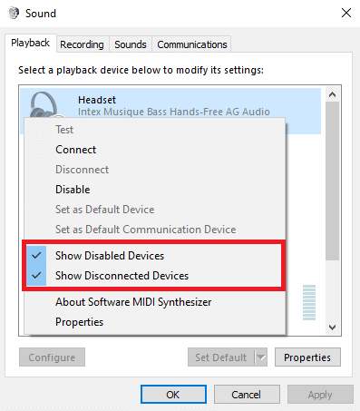 Haga clic con el botón derecho en la ventana Sonido y marque Mostrar dispositivos deshabilitados y Mostrar dispositivos desconectados