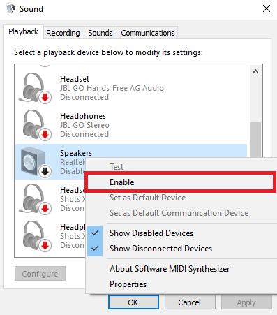 fare nuovamente clic con il pulsante destro del mouse sull'altoparlante e fare clic su abilita. Correggi l'errore Skype con il dispositivo di riproduzione su Windows 10