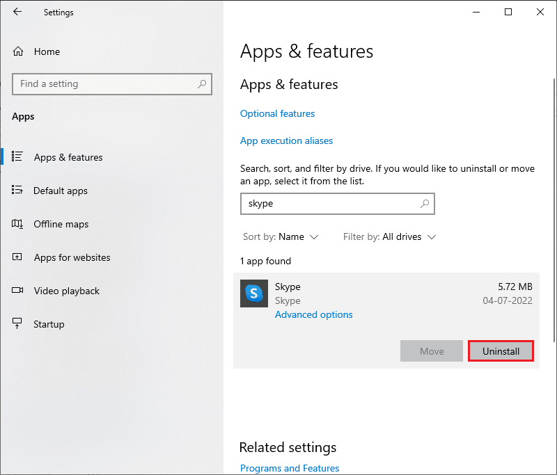 ค้นหาและคลิกที่ Skype แล้วเลือกตัวเลือกถอนการติดตั้ง