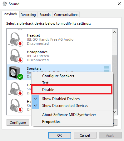 스피커를 마우스 오른쪽 버튼으로 클릭하고 비활성화를 클릭하십시오.