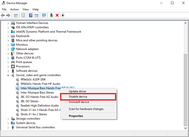 Ubique sus parlantes y haga clic con el botón derecho y luego haga clic en Desactivar dispositivo. Solucione el error de Skype con el dispositivo de reproducción en Windows 10