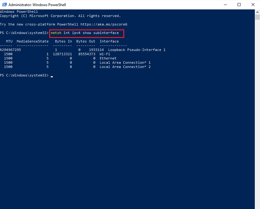 netsh int ipv4 show subinterface コマンドを入力します。 OBSエラーを修正してサーバーに接続できませんでした