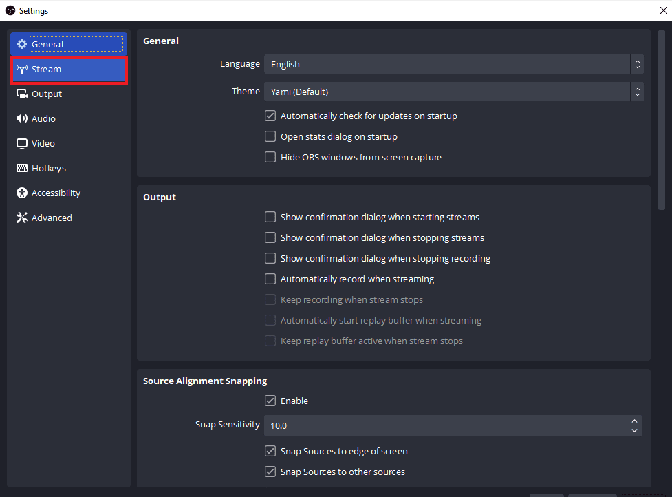 Ouvrez l'onglet Flux. Correction de l'erreur OBS Échec de la connexion au serveur