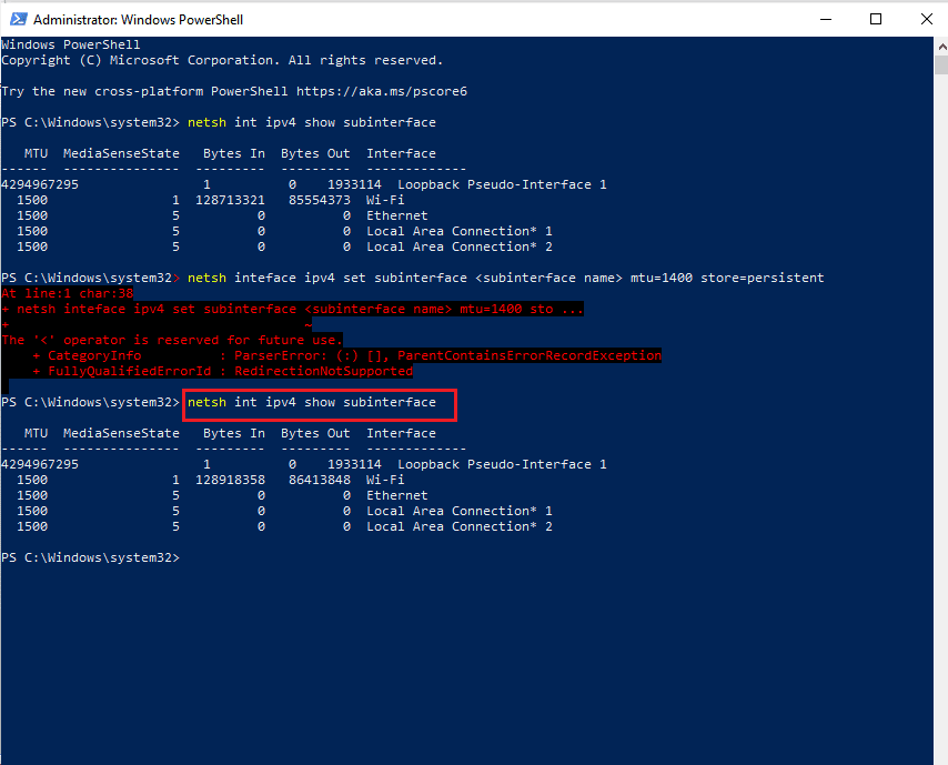 Geben Sie netsh int ipv4 show subinterface ein