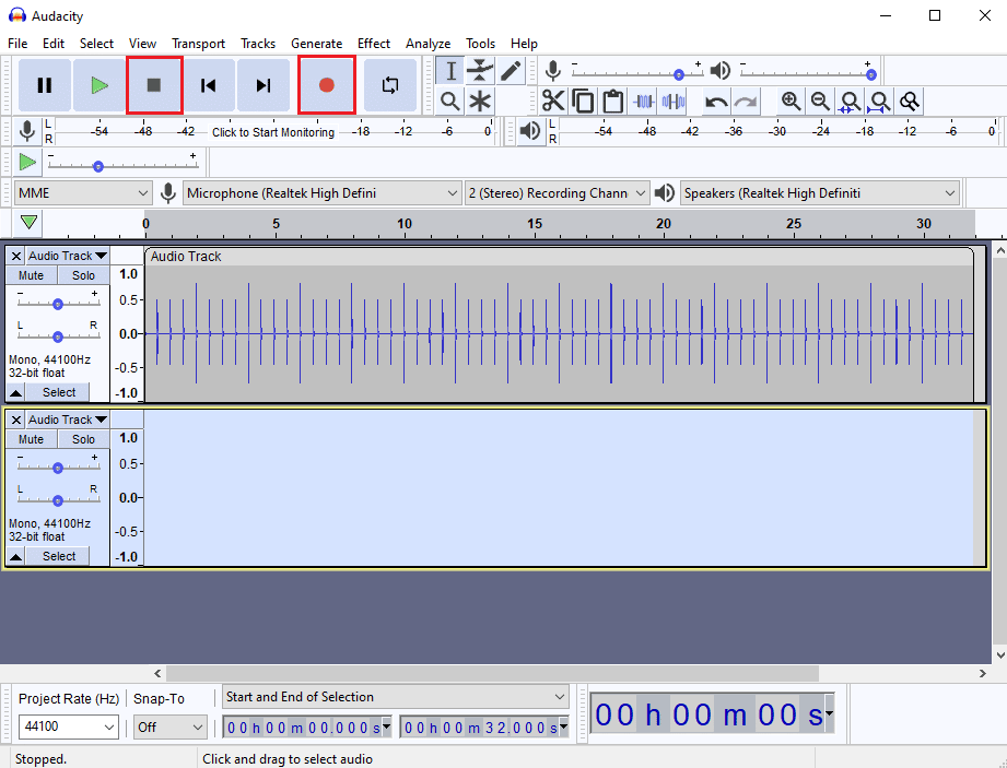 Haga clic en el botón Grabar para comenzar a grabar la pista mono y haga clic en el botón Detener para detener la grabación. Cómo corregir la latencia en Audacity en Windows 10