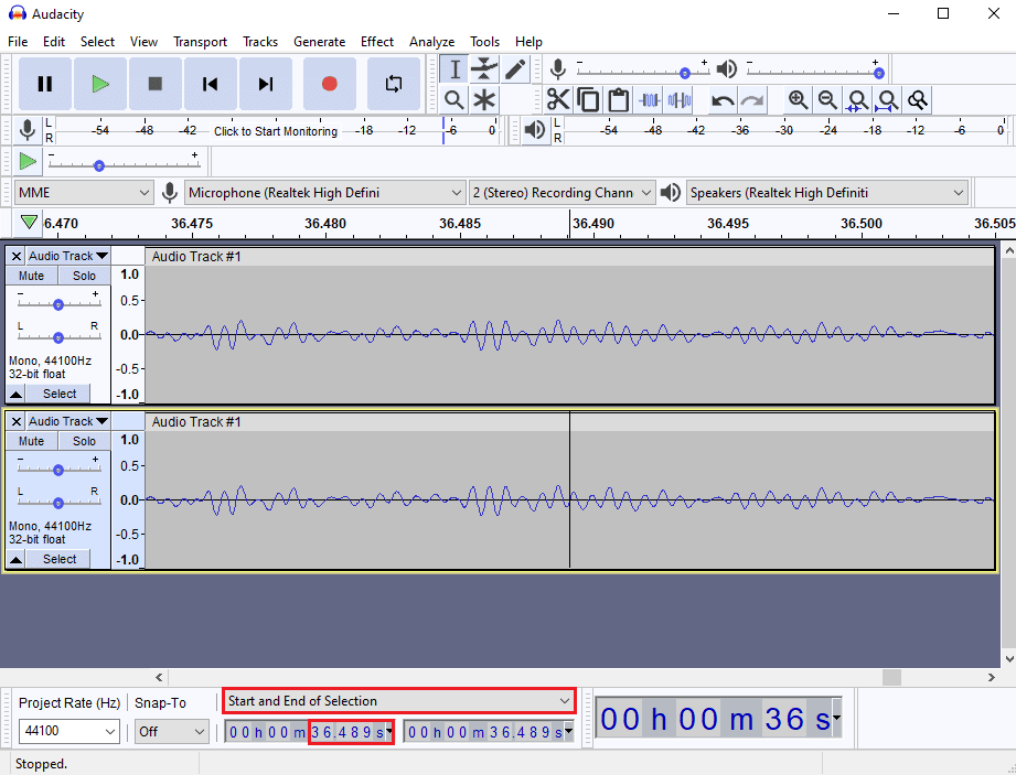 Unter Start und Ende der Auswahl sehen Sie die Zeitverzögerung für das Audio. So beheben Sie die Latenz in Audacity in Windows 10