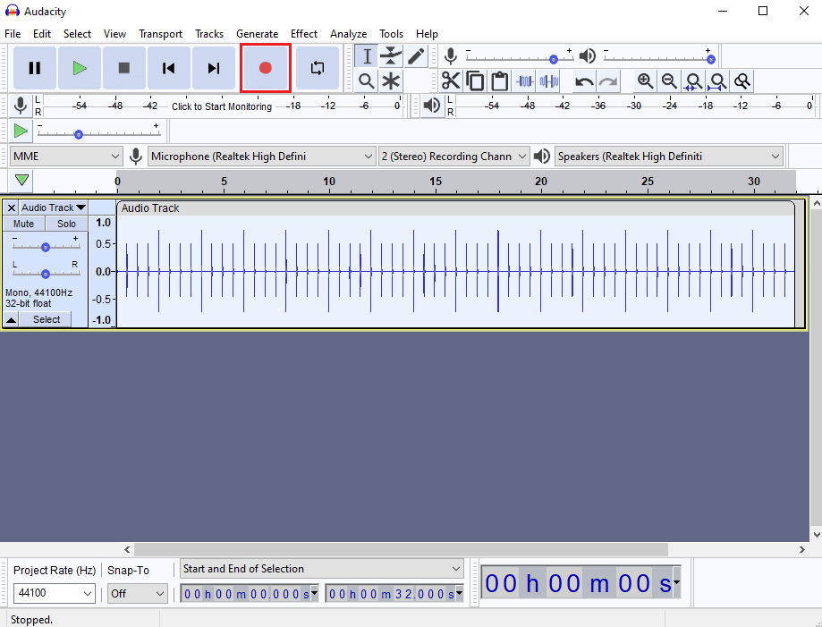 คลิกที่ปุ่มบันทึกเพื่อบันทึกแทร็กจังหวะ วิธีแก้ไข Latency ใน Audacity ใน Windows 10