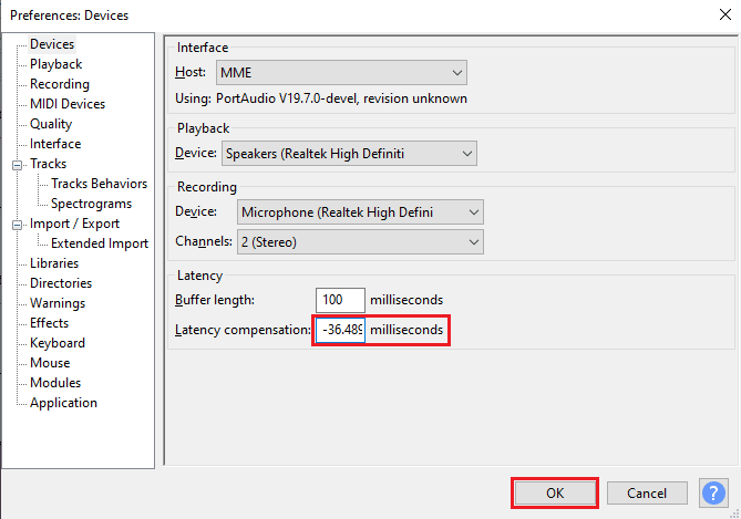 Aktualisieren Sie in den Latenzeinstellungen die Zeitverzögerung und klicken Sie auf OK, um die Änderungen zu speichern. So beheben Sie die Latenz in Audacity in Windows 10