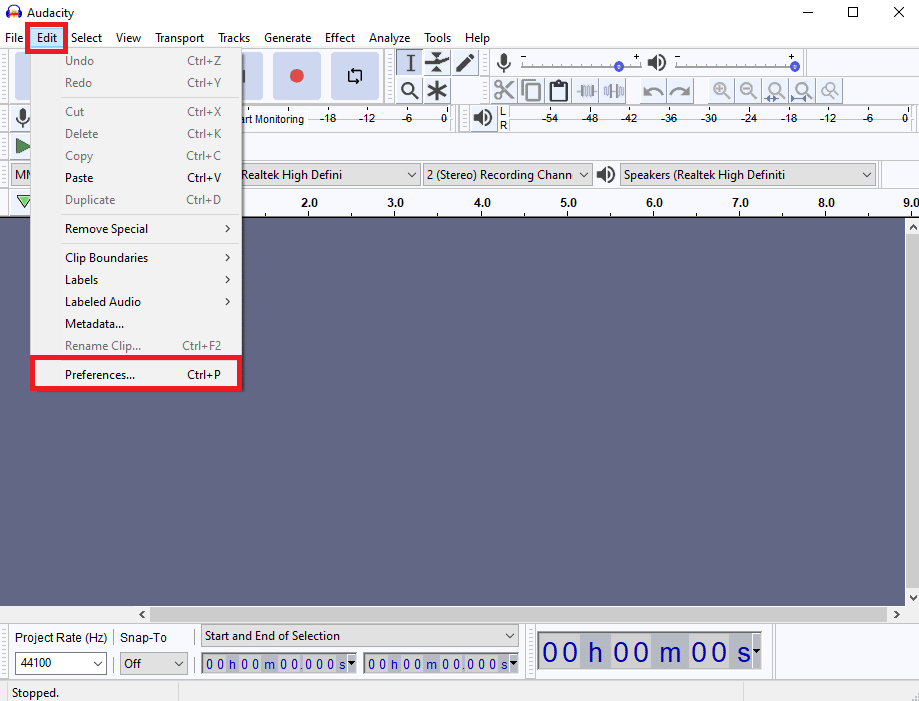 편집 탭으로 이동하여 기본 설정을 클릭합니다. Windows 10에서 Audacity의 대기 시간을 수정하는 방법