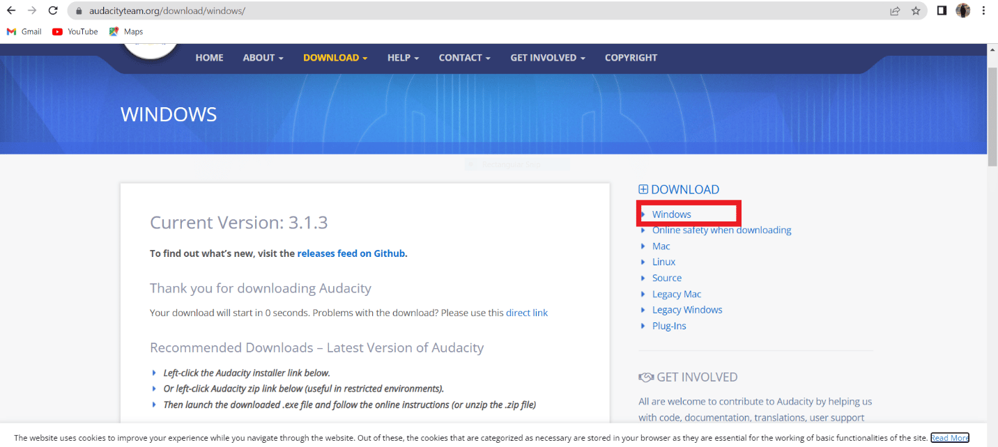 افتح Official Website Audacity Download وفي قسم التنزيل ، انقر فوق Windows