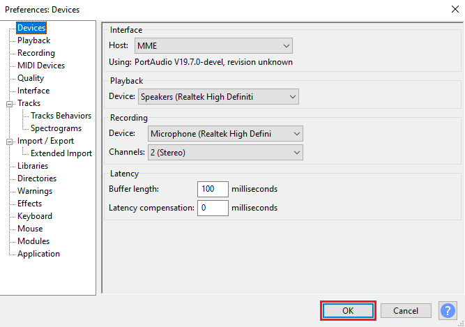 Haga clic en Aceptar para guardar los cambios. Cómo corregir la latencia en Audacity en Windows 10