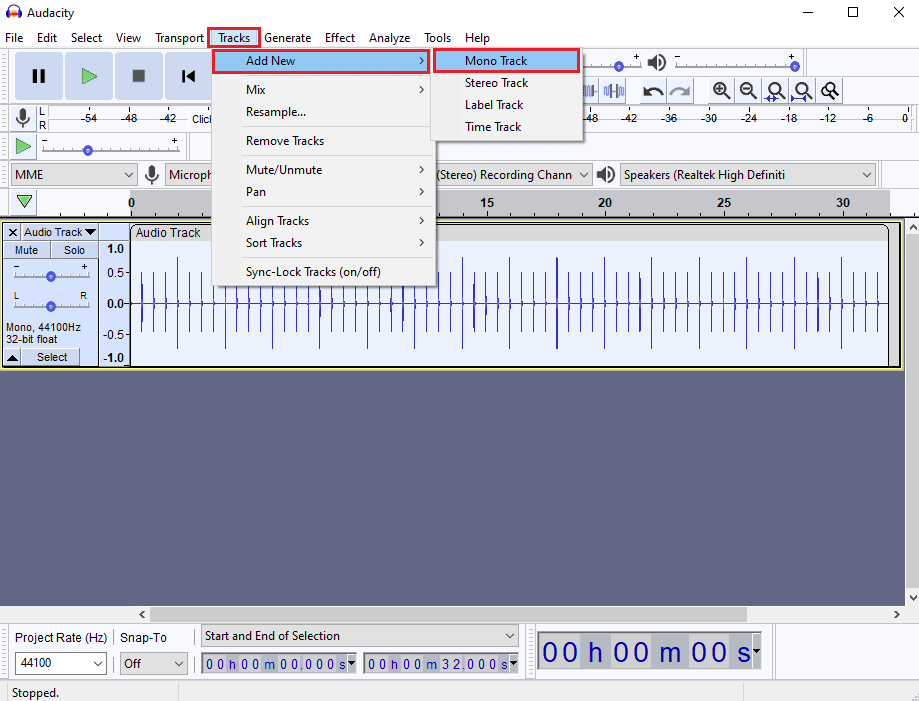 ไปที่แท็บ Tracks และคลิกที่ Add New จากนั้นคลิกที่ Mono Track