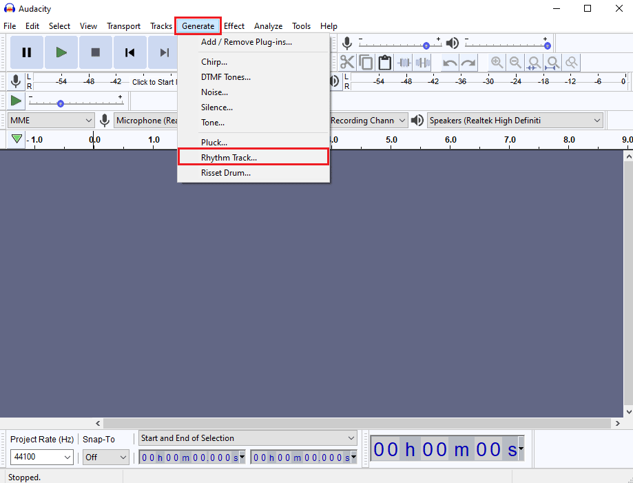 Navigieren Sie zum Generate-Tab und klicken Sie auf die Rhythmus-Spur