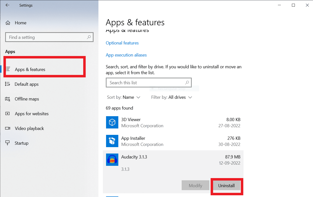 ค้นหา Audacity ในรายการแอปพลิเคชันและคลิกเพื่อเลือกถอนการติดตั้ง วิธีแก้ไข Latency ใน Audacity ใน Windows 10