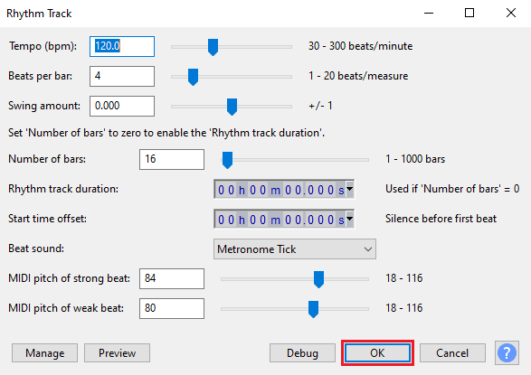 En el cuadro de diálogo Pista de ritmo, no realice ningún cambio en los valores predeterminados y haga clic en Aceptar para generar una pista de ritmo.