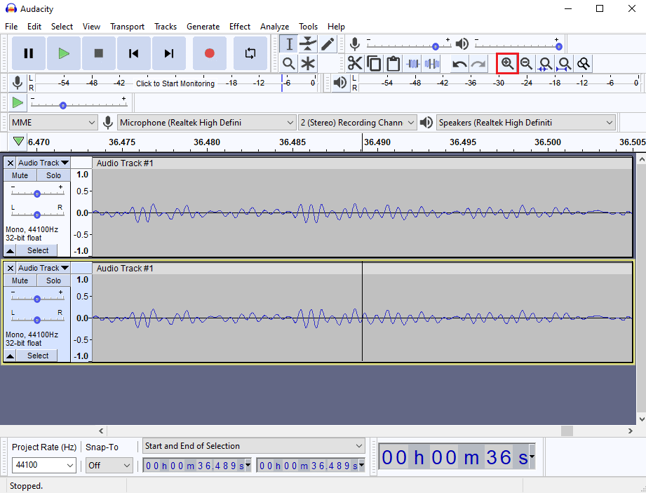 Como no podrá ver la latencia del audio a simple vista, haga clic en el botón Acercar para ver las pistas de audio de cerca.