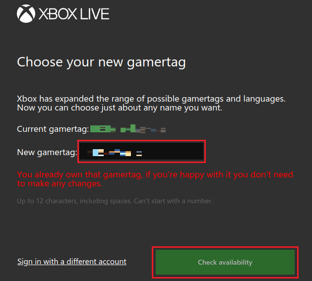 Insira sua nova Gamertag na opção Escolha sua nova gamertag e selecione Verificar disponibilidade