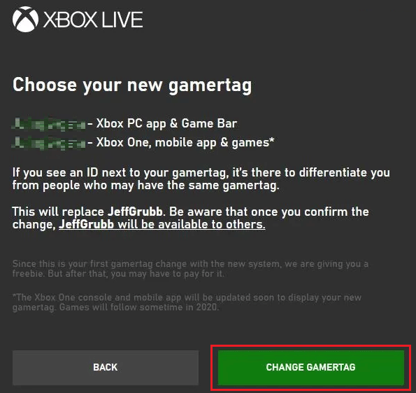 Tinjau Gamertag di jendela berikutnya dan pilih GANTI GAMERTAG