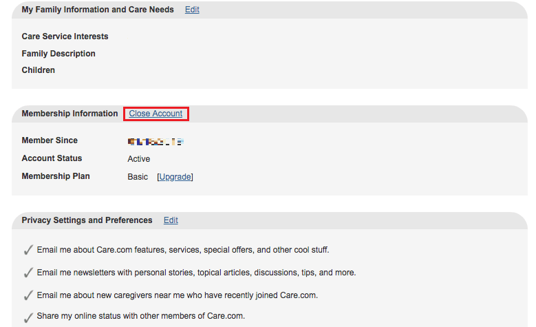 Derulați în jos la secțiunea Informații de membru și faceți clic pe Închidere cont | Cum să ștergeți contul Care.com