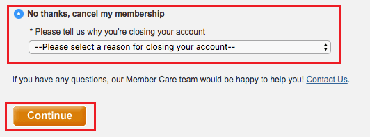 No gracias, botón de opción cancelar mi membresía - motivo deseado - Continuar