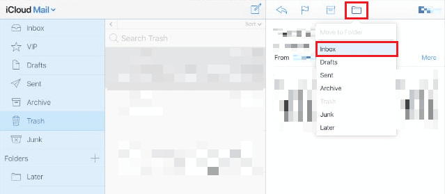 faceți clic pe pictograma Mutare în - Inbox | Cum să recuperați e-mailul iCloud șters