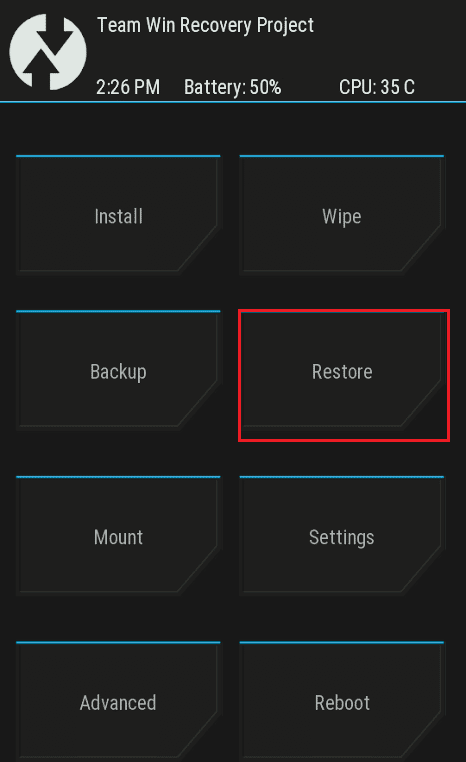 แตะที่ตัวเลือกการคืนค่าในแอพ TWRP Custom Recovery