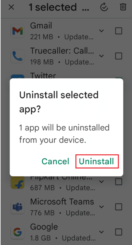 tocca l'opzione di disinstallazione disinstalla l'app selezionata Google Play Store. Correggi l'errore della scheda SIM Galaxy Note 5