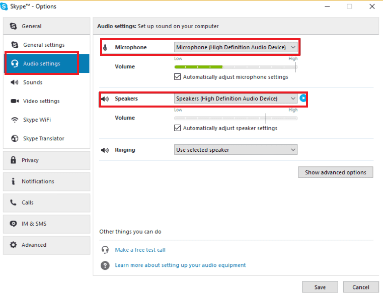 마이크를 내부 MIC로, 스피커를 헤드폰 및 스피커로 설정합니다. Windows 10에서 Skype가 사운드 카드에 액세스할 수 없는 문제 수정