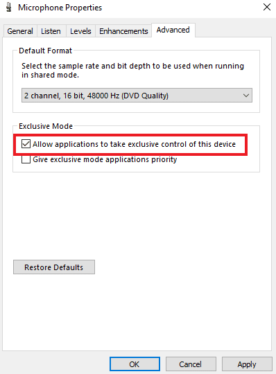 Seleccione Permitir que las aplicaciones tomen el control exclusivo de este dispositivo