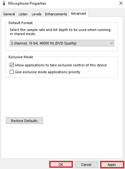 적용을 클릭한 다음 확인을 클릭합니다. Windows 10에서 Skype가 사운드 카드에 액세스할 수 없는 문제 수정