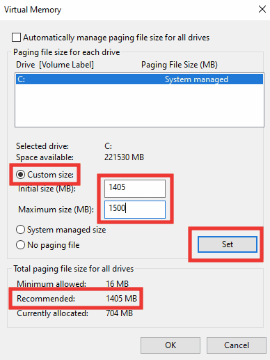 fai clic su dimensione personalizzata ora inserisci la dimensione iniziale nella memoria virtuale. Correggi l'errore 0x80070718 in Windows 10