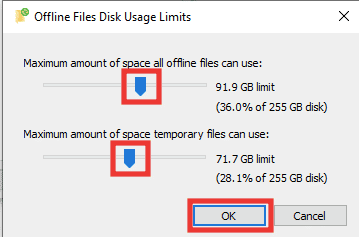 limitele de utilizare a discului fișierelor offline