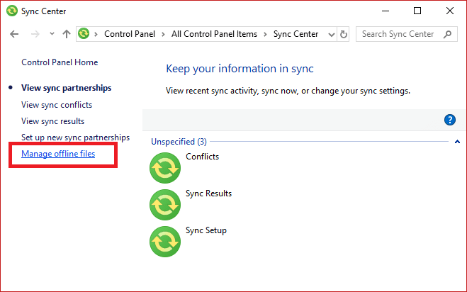 Haga clic en Administrar archivos sin conexión desde el panel de la ventana izquierda en el Centro de sincronización