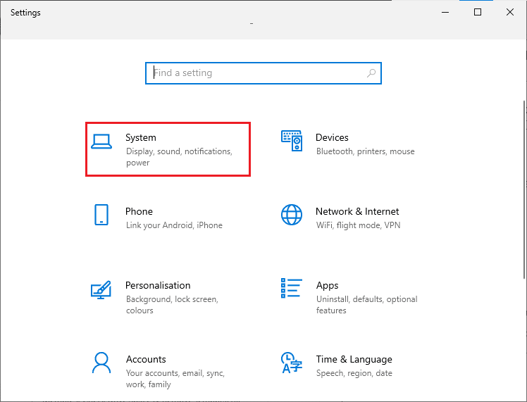 Abra Configuración y haga clic en Sistema. Solucionar el error 0x80070718 en Windows 10