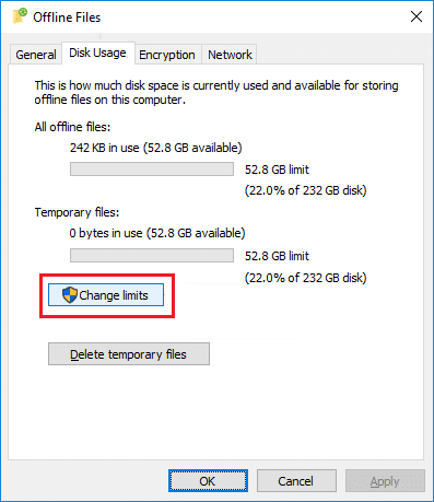 สลับไปที่แท็บการใช้ข้อมูลภายใต้หน้าต่างไฟล์ออฟไลน์ จากนั้นคลิกที่เปลี่ยนขีดจำกัด แก้ไขข้อผิดพลาด 0x80070718 ใน Windows 10