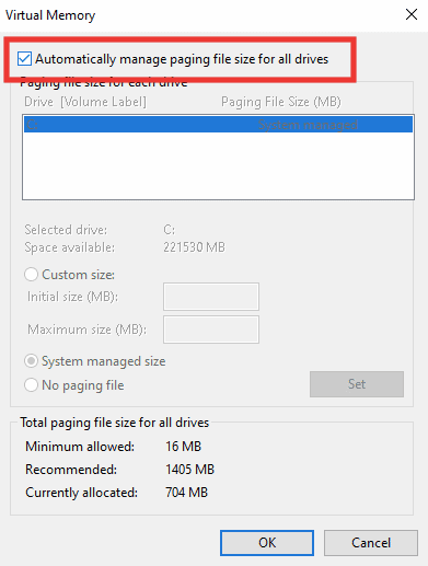 จัดการขนาดไฟล์เพจโดยอัตโนมัติสำหรับตัวเลือกไดรฟ์ทั้งหมดใน Virtual Memory