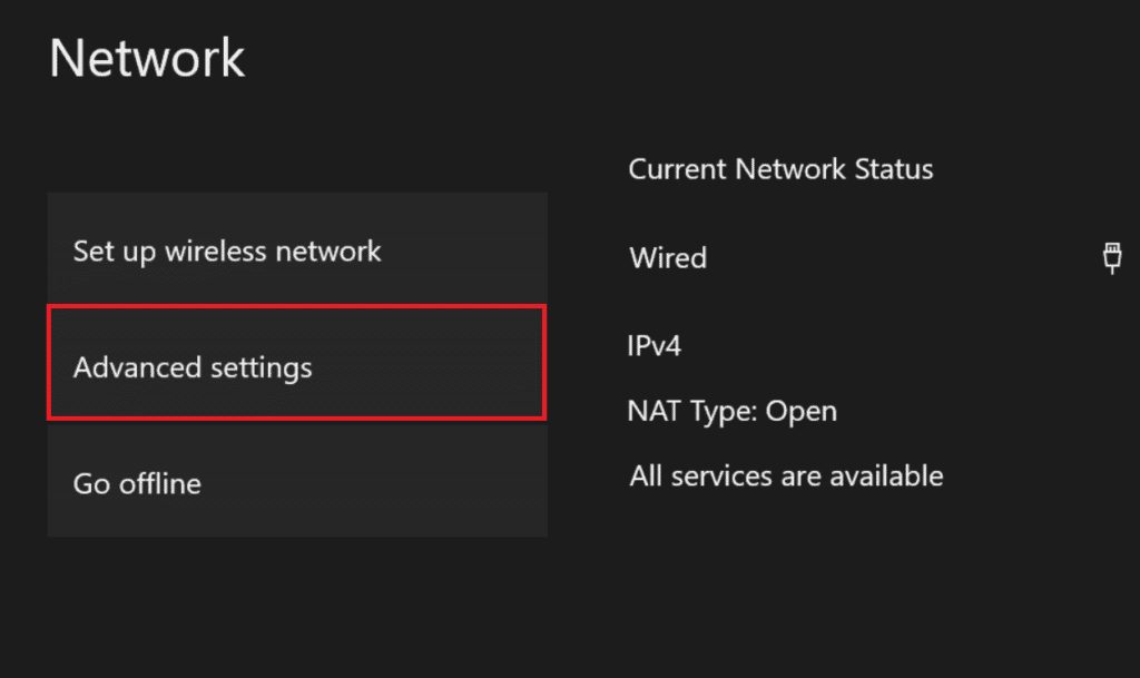Selectați Setări avansate. Remediați codul de eroare Xbox One 0X87E107DF