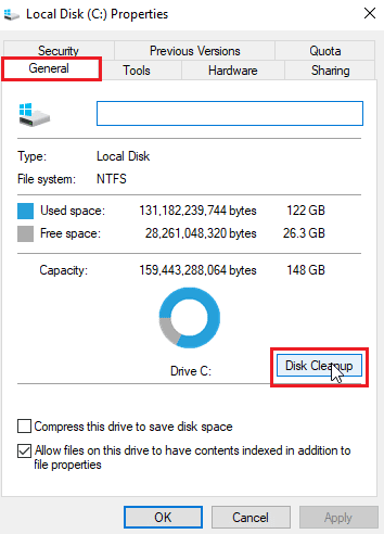 Klicken Sie auf Datenträgerbereinigung, um das Dienstprogramm zur Datenträgerbereinigung zu öffnen