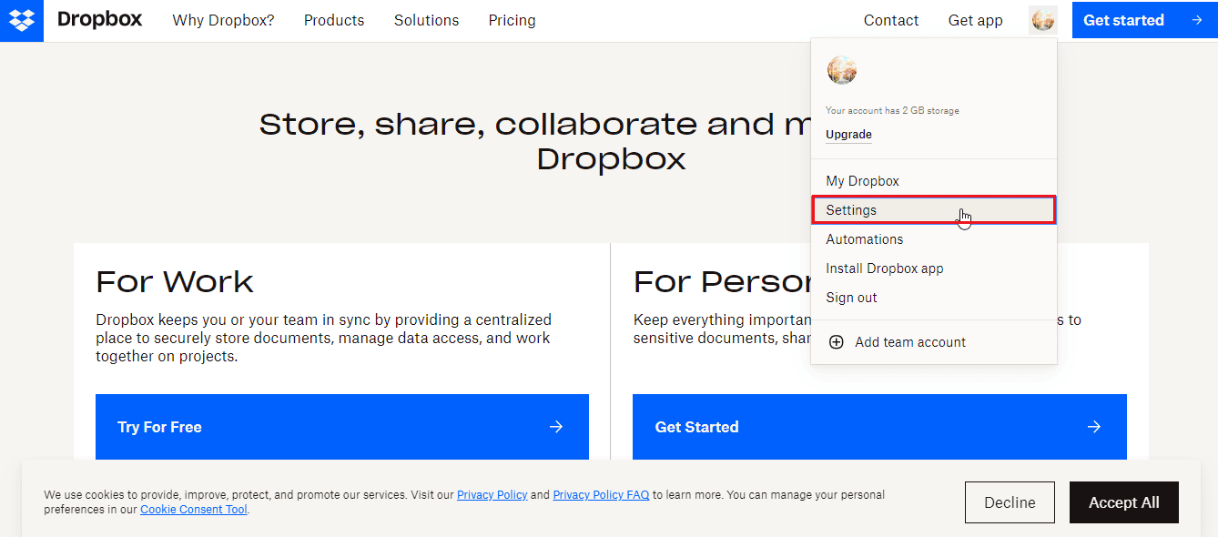 fai clic su Impostazioni in Dropbox