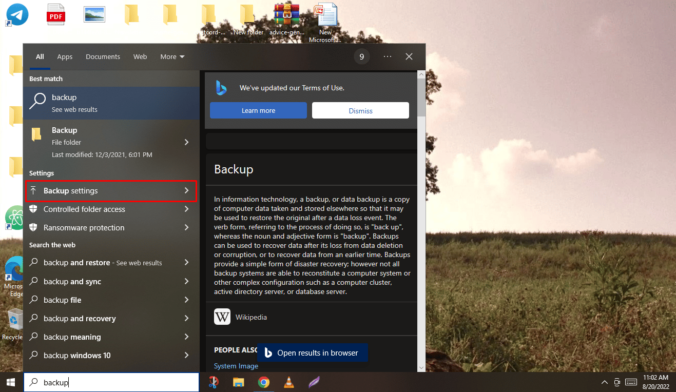 ตอนนี้ให้ค้นหา Backup บนแถบค้นหาของ windows จากนั้นคลิกที่ Backup settings จากผลการค้นหา