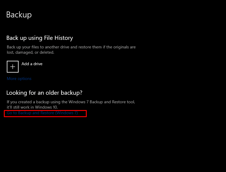 ตอนนี้คลิกที่ Go to Backup and Restore (Windows 7) ใต้เมนู Backup