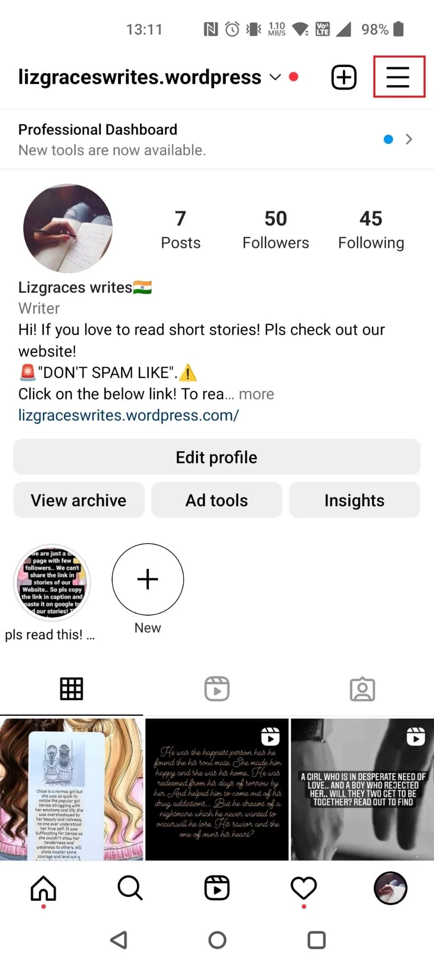 Appuyez sur trois lignes horizontales dans le coin supérieur droit | Comment voir l'historique des recherches supprimées sur Instagram