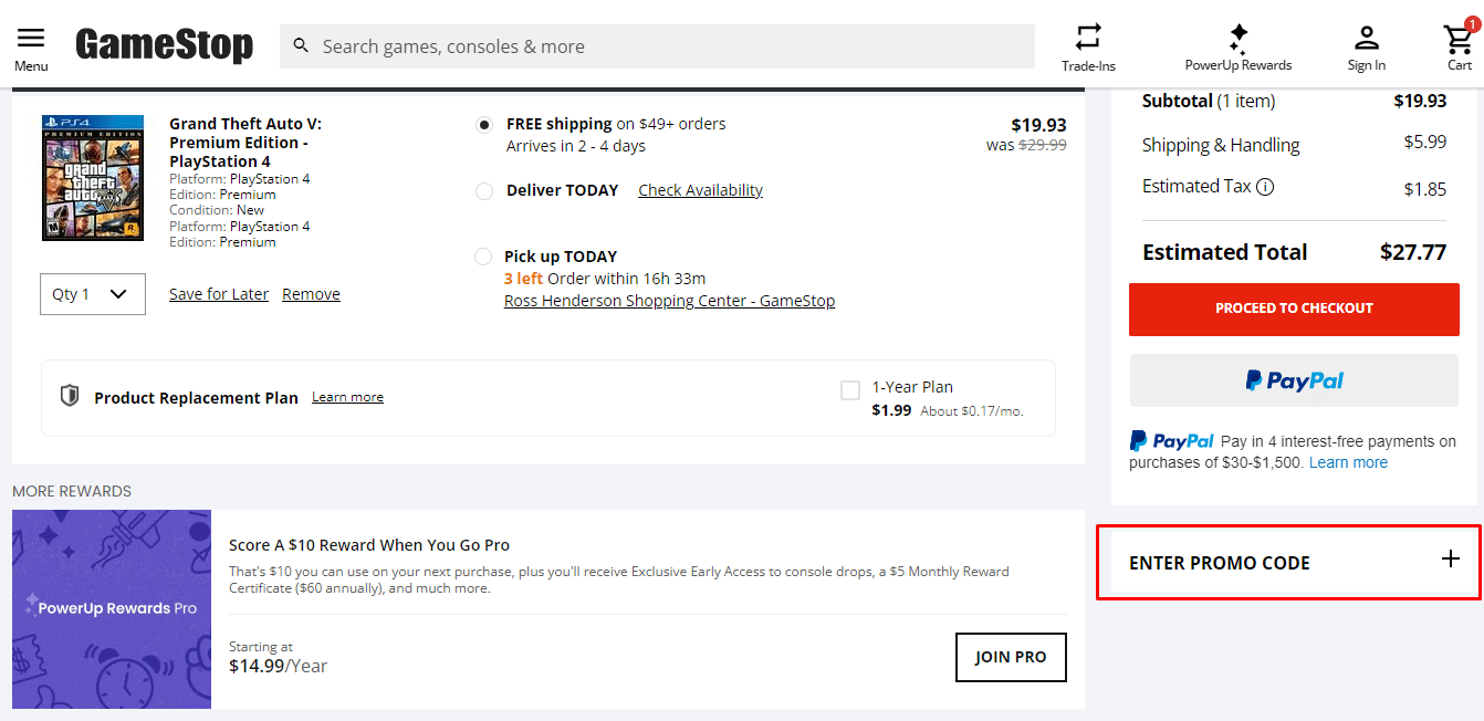 ตอนนี้ คุณจะถูกเปลี่ยนเส้นทางไปยังการ์ด GameStop ของคุณ จากนั้นคุณต้องคลิกที่ Enter Promo Code ด้านล่างสรุปคำสั่งซื้อ | มูลค่าสมาชิก GameStop คืออะไร? | การแลกเปลี่ยน GameStop คุ้มค่า