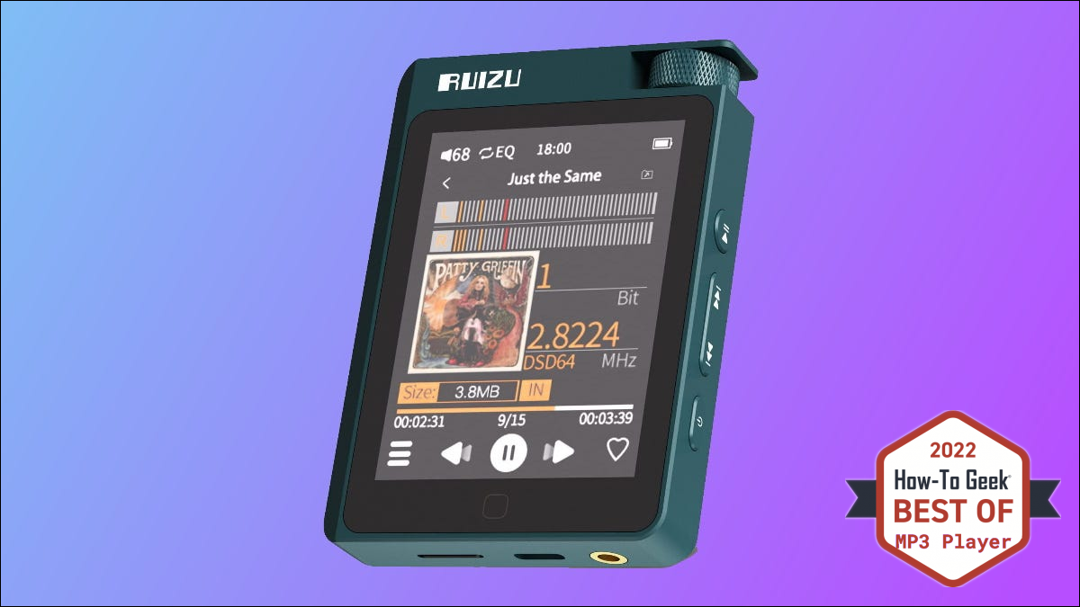 RUIZU MP3 Player dengan latar belakang ungu