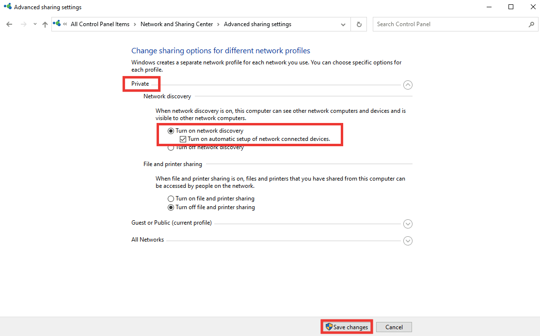 haga clic en Activar descubrimiento de red y haga clic en la casilla de verificación de activar la configuración automática de la opción de dispositivos conectados a la red. Arreglar el código de error del sistema 1231 en Windows 10