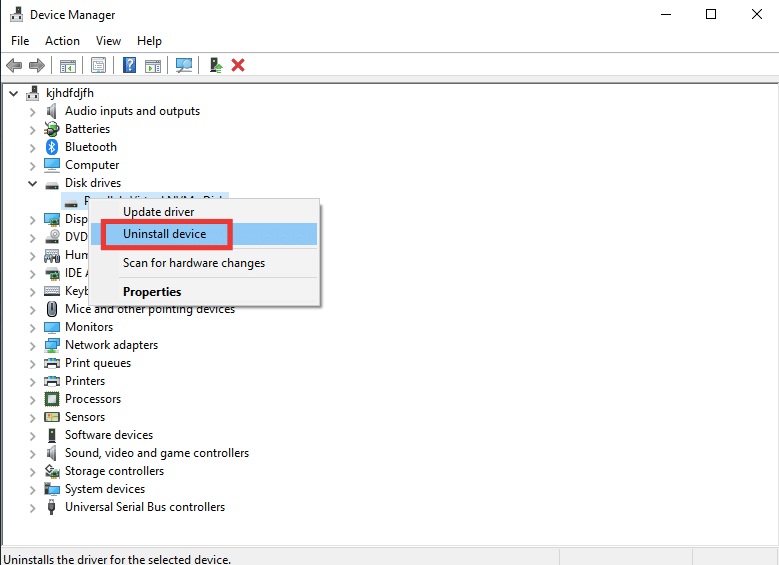 Clique com o botão direito do mouse no disco rígido e clique em Desinstalar dispositivo. Corrigir o disco rígido externo não acessível no Windows 10