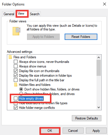 ไปที่แท็บมุมมองจากนั้นยกเลิกการเลือกตัวเลือกซ่อนไดรฟ์ว่างแล้วคลิกตกลง แก้ไขฮาร์ดไดรฟ์ภายนอกไม่สามารถเข้าถึงได้ใน Windows 10