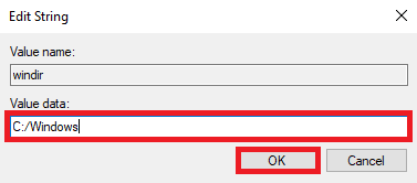 Nei dati valore immettere C Windows e fare clic su OK per salvare le modifiche. come impostare la variabile di ambiente