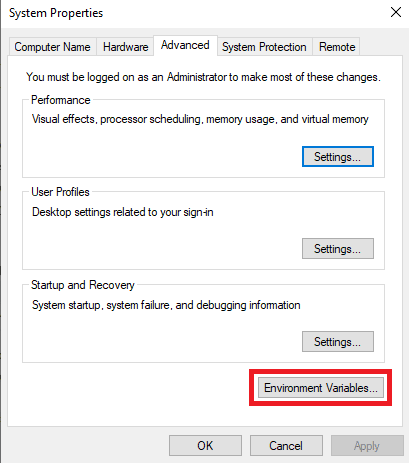 Clique em Variáveis ​​de Ambiente nas Propriedades do Sistema. O sistema de correção não pôde encontrar a opção de ambiente que foi inserida