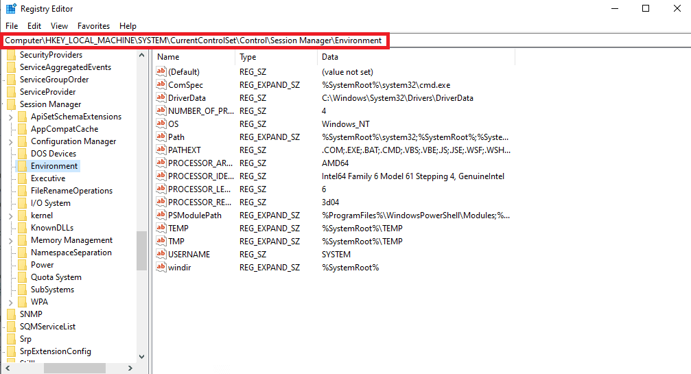 레지스트리 편집기에서 HKEY LOCALMACHINE SYSTEM CurrentControlSet Control SessionManager Environment로 이동합니다.